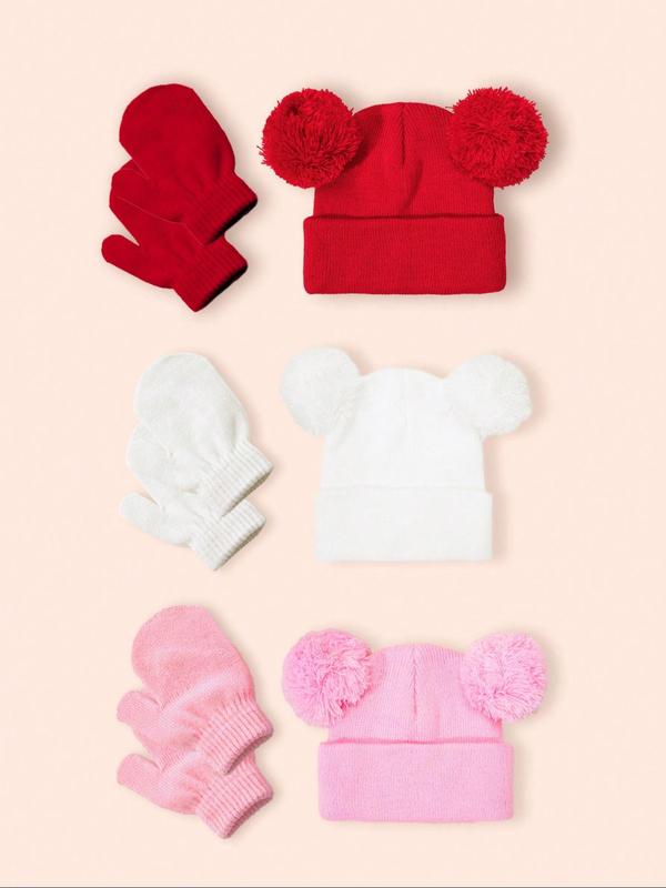 Cute Bear Ear Design Beanie Hat &  Mittens Gloves  Set, Solid Color Double Pom-pom Knitted Hat, Warm & Breathable Acrylic Beanie Hats for Autumn winter Daily Wear