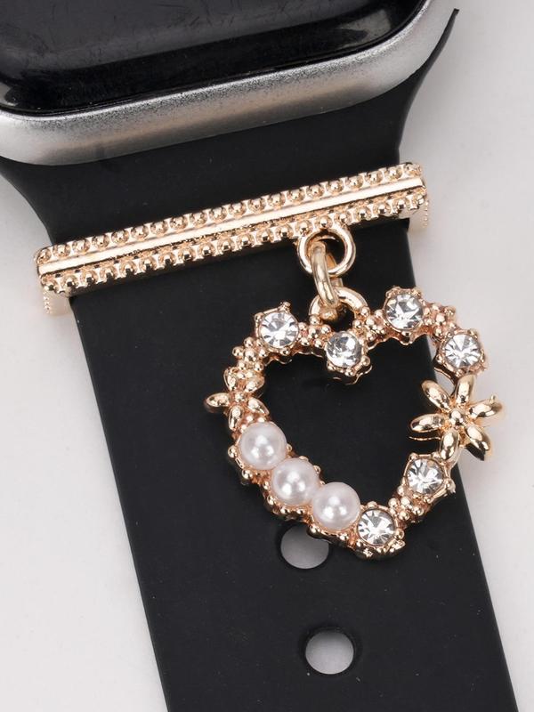 Creative Faux Pearl & Flower & Rhinestone Decor Heart Charm Watch Band Decorative Ring, Trendy Exquisite Watch Strap Accessories for Women & Girls