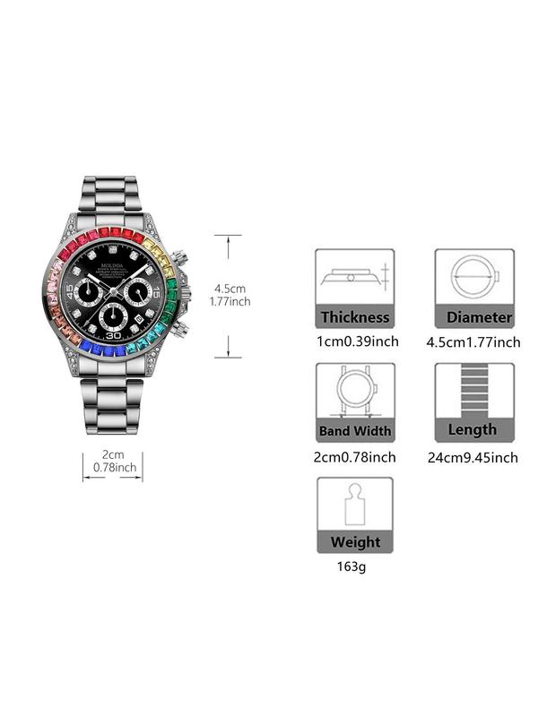 Men's Business Fashion Colorblock Rhinestone Decorated Analog Quartz Watch, Daily Clothing Decor, Trendy All-match & Exquisite Watch for Birthday Gift with Box