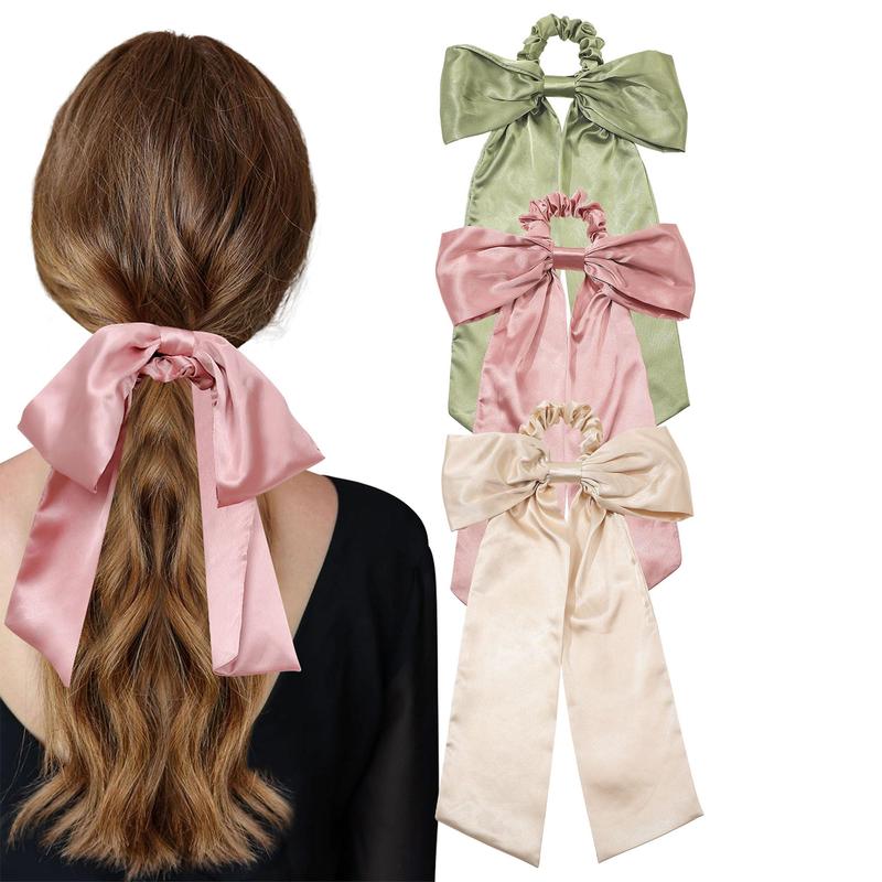 3-Piece Suit Satin Silk Like Hair Bow Scrunchies Solid Bow Hair Ties Scrunchy Bowknot Ponytail Holder for Women or Girls