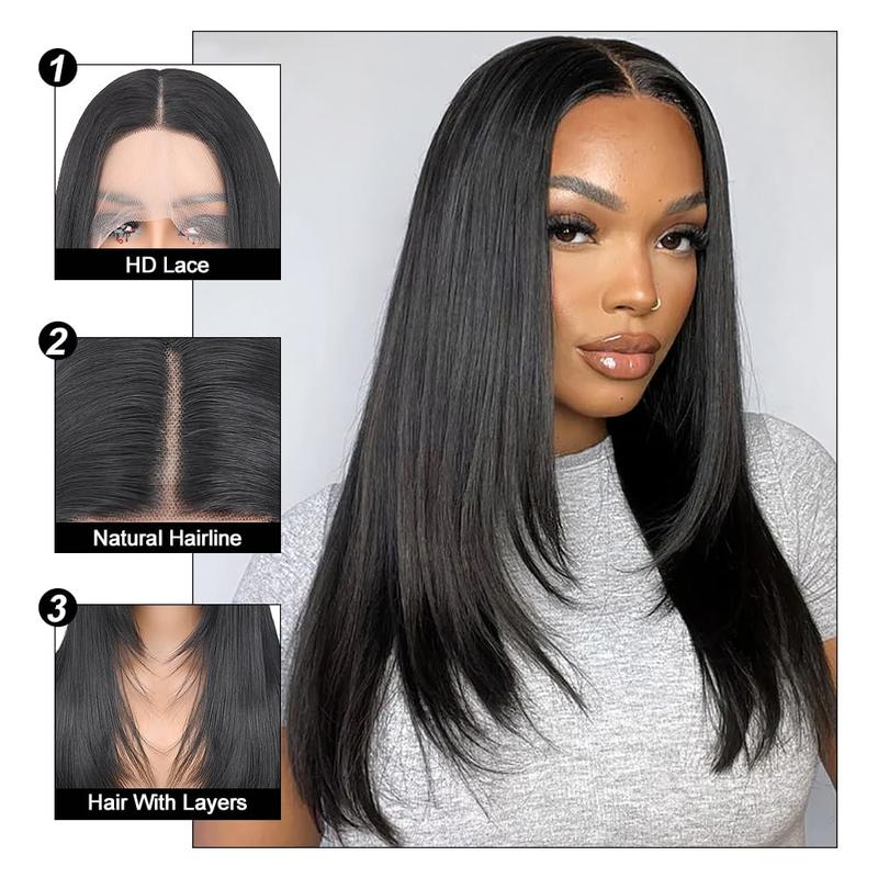 OurWigs Wear and Go Glueless Wigs Pre Plucked Pre Cut for Beginners Long Layered Straight Synthetic Lace Front Wigs with bangs 26 Inch 3 Seconds to Wear for Beginners