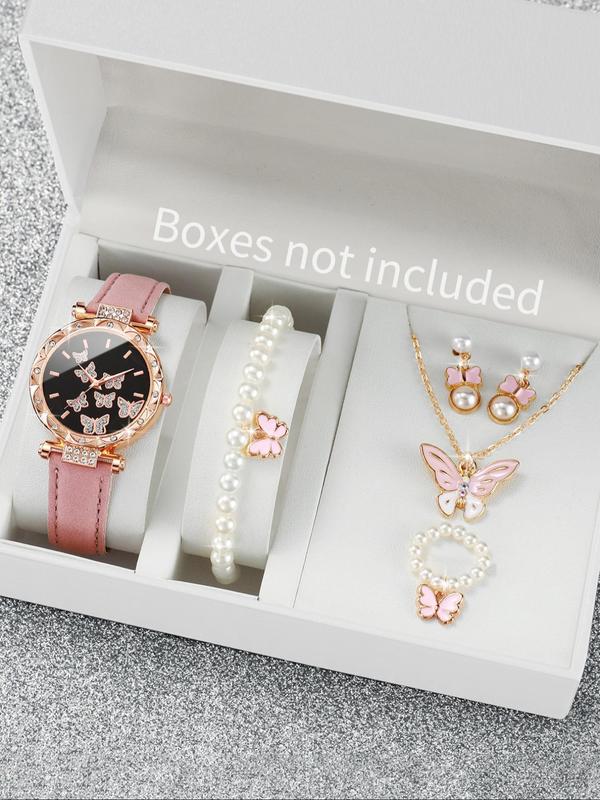 Women's Rhinestone Watch & Jewelry Set, Including Quartz Watch, Butterfly Necklace, Faux Pearl Decor Bracelet, Ring, and Earrings, Exquisite Elegant Watch