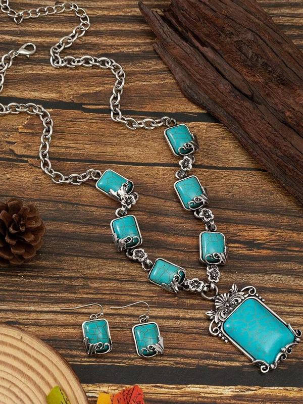 Boho Style Turquoise Texture Decorated Jewelry Set, Vintage Necklace and Dangle Earrings, Fashion Accessories for Women & Girls