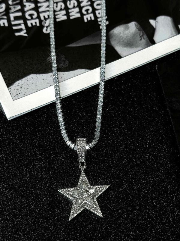 Rhinestone Star Design Pendant Necklace, Street Trendy Rotatable Necklace for Men & Women, Fashion Jewelry for Party, Daily Clothing Decor, Trendy All-match Jewelry for Gift