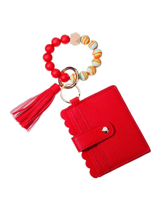 Women's Elegant Beaded & Tassel Design Keychain, Exquisite Trendy Car Keychain with Mini Card Holder, Accessories for Daily Decoration, Back To School