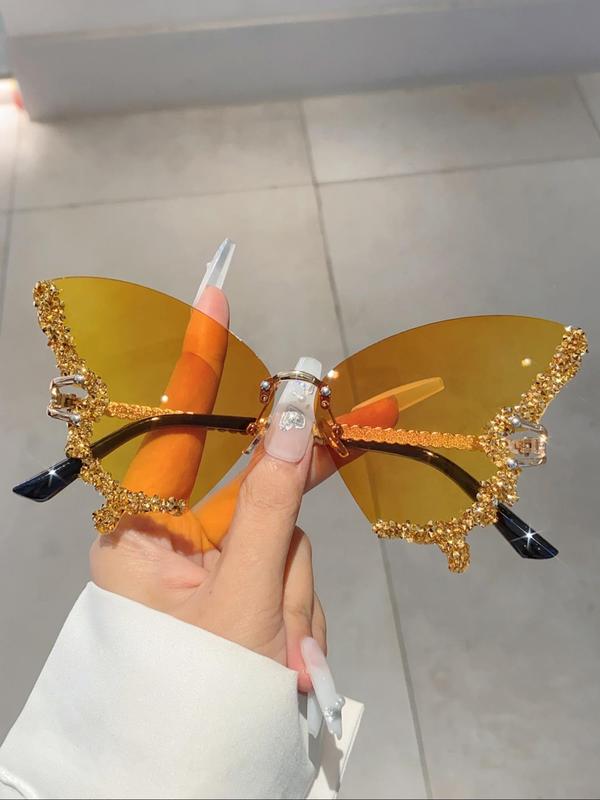 Women's Fashionable Rhinestone Decorated Butterfly Design Sunglasses, Trendy Novelty Sunglasses for Travel & Daily Use, Fashion Accessories for Outdoor Activities