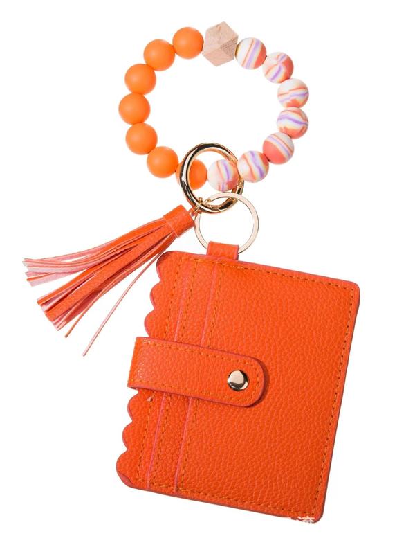 Women's Elegant Beaded & Tassel Design Keychain, Exquisite Trendy Car Keychain with Mini Card Holder, Accessories for Daily Decoration, Back To School