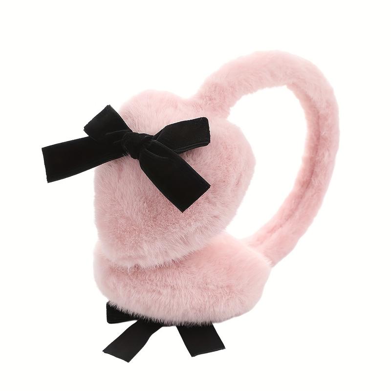 Fashion Women's Plush Heart-Shaped Earmuffs with Black Bow-Warm and Comfortable in Winter