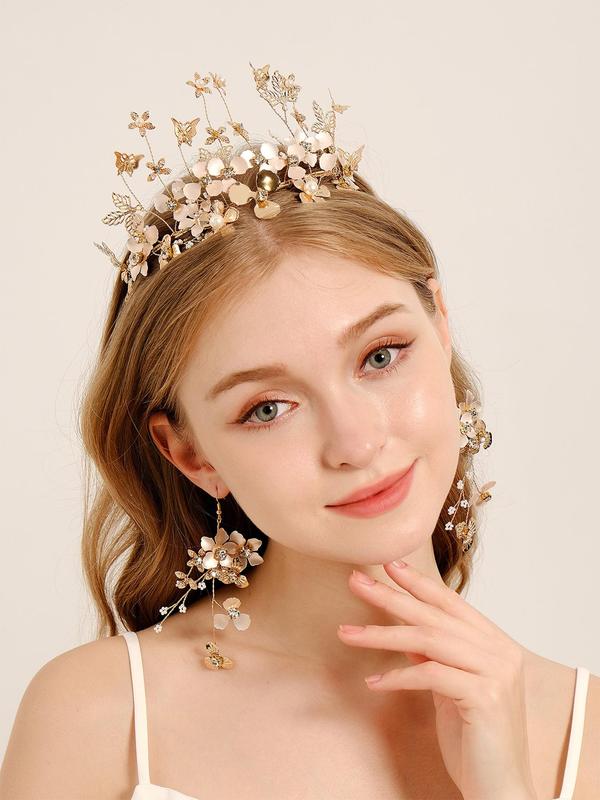 Women's Elegant Rhinestone & Faux Pearl Decorated Bridal Headwear, Exquisite Trendy Flower Design Headwear & Dangle Earrings, Chic Hair Accessories for Wedding Party