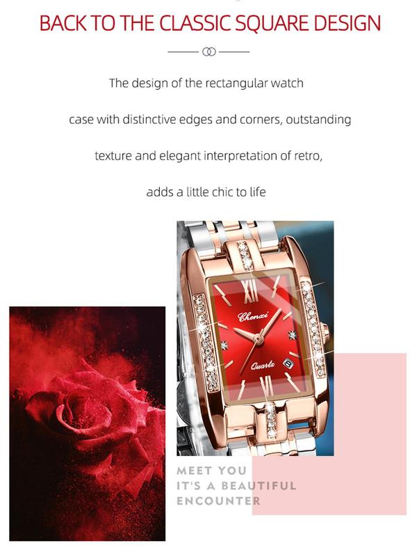 Women's Elegant Rhinestone Decorated Quartz Watch, Fashion Rectangle Dial Watch for Party, Daily Clothing Decor, Trendy All-match & Exquisite Watch for Birthday Gift with Box