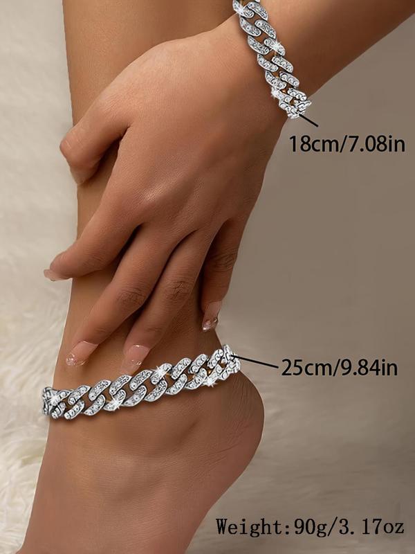 Women's Elegant Rhinestone Decor Chain Anklet & Bracelet Set, Exquisite Trendy Chain Anklet & Bracelet, Fashionable Jewelry Set for Women & Girls