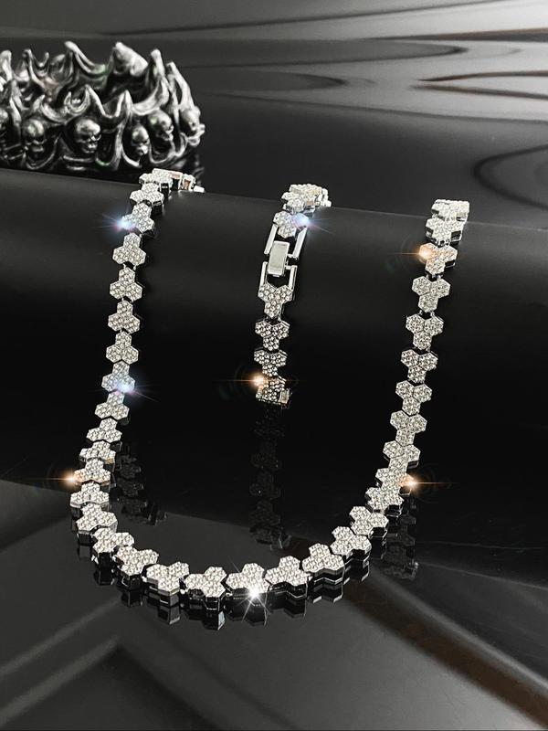 Rhinestone Geometric Decorated Cuban Chain Necklace & Bracelet, Fashion Jewelry for Party, Daily Clothing Decor, Trendy All-match & Exquisite Jewelry for Birthday Gift