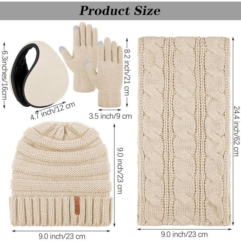 Winter Warm Sets Knitted Scarf Beanie Hat Touch Screen Gloves and Winter Ear Warmer Hats for Women or Men