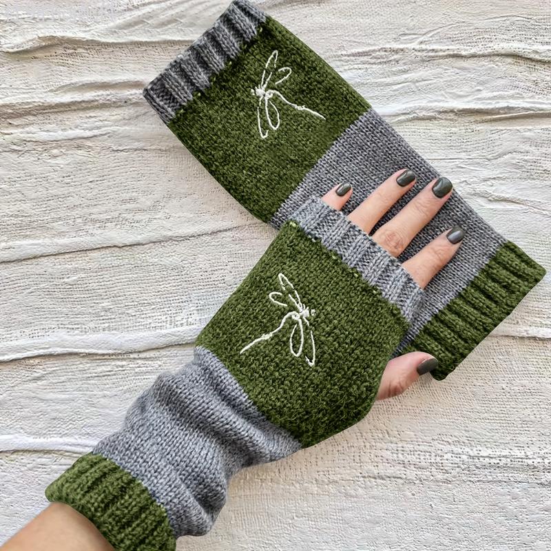 Elastic Knit Mittens for Women with Dragonfly Embroidery - Touchscreen-Compatible, Warm Fingerless Gloves for Going Out, Machine Washable