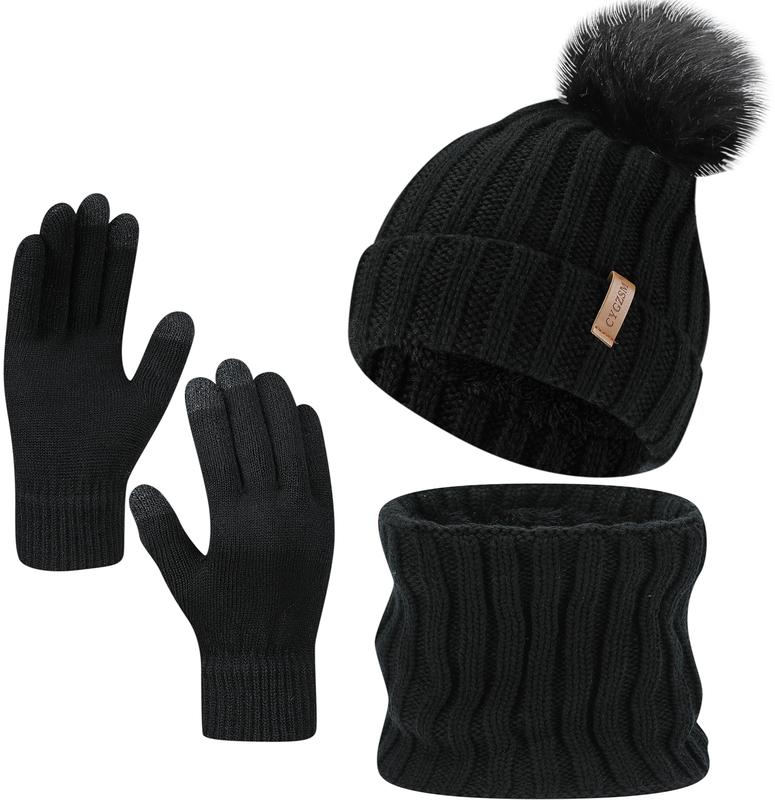 2024 Warm Knitted Skull Cap, Women's Winter Faux Fur Fleece Hat, Hat, Scarf and Gloves Set