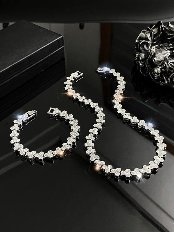 Rhinestone Geometric Decorated Cuban Chain Necklace & Bracelet, Fashion Jewelry for Party, Daily Clothing Decor, Trendy All-match & Exquisite Jewelry for Birthday Gift