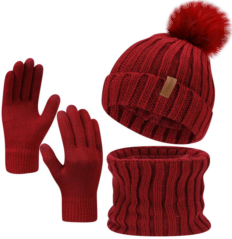 2024 Warm Knitted Skull Cap, Women's Winter Faux Fur Fleece Hat, Hat, Scarf and Gloves Set