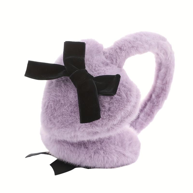 Fashion Women's Plush Heart-Shaped Earmuffs with Black Bow-Warm and Comfortable in Winter