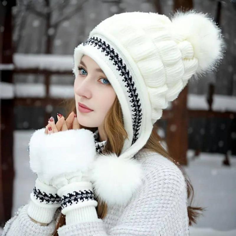 Women's Knit Hat & Gloves Set, 2 Counts Thickened Winter Warm Hat & Gloves, Outdoor Sports Accessories for Fall & Winter