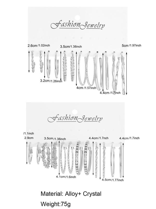 12 Pairs Minimalist Solid Color Twist & Geometric Design Hoop Earrings Set, Rhinestone Decor Ear Hoop Set, Fashion Jewelry Gift For Women