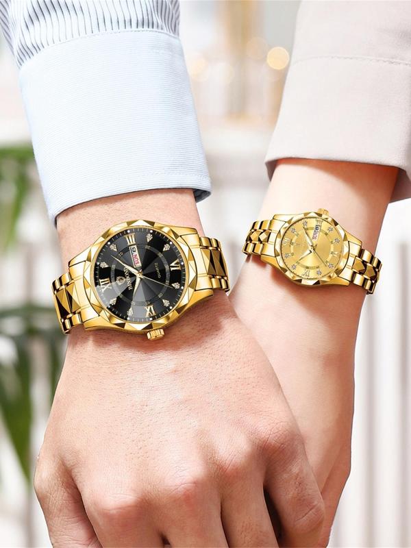 Couple Watch, Fashion Waterproof Round Dial Analog Quartz Watch with Date & Week Display Function, Trendy Watch for Women & Men As Gift with Box