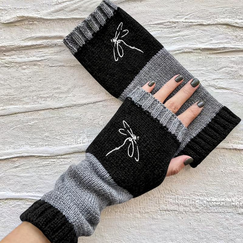 Elastic Knit Mittens for Women with Dragonfly Embroidery - Touchscreen-Compatible, Warm Fingerless Gloves for Going Out, Machine Washable