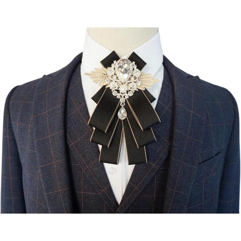 Bow Ties for Men Self Tie Jabot Collar Brooch Pins Fashion PreTied Neck Tie Bow Tie Rhinestone Brooch for Groom