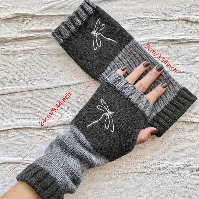 Elastic Knit Mittens for Women with Dragonfly Embroidery - Touchscreen-Compatible, Warm Fingerless Gloves for Going Out, Machine Washable