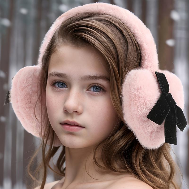 Fashion Women's Plush Heart-Shaped Earmuffs with Black Bow-Warm and Comfortable in Winter