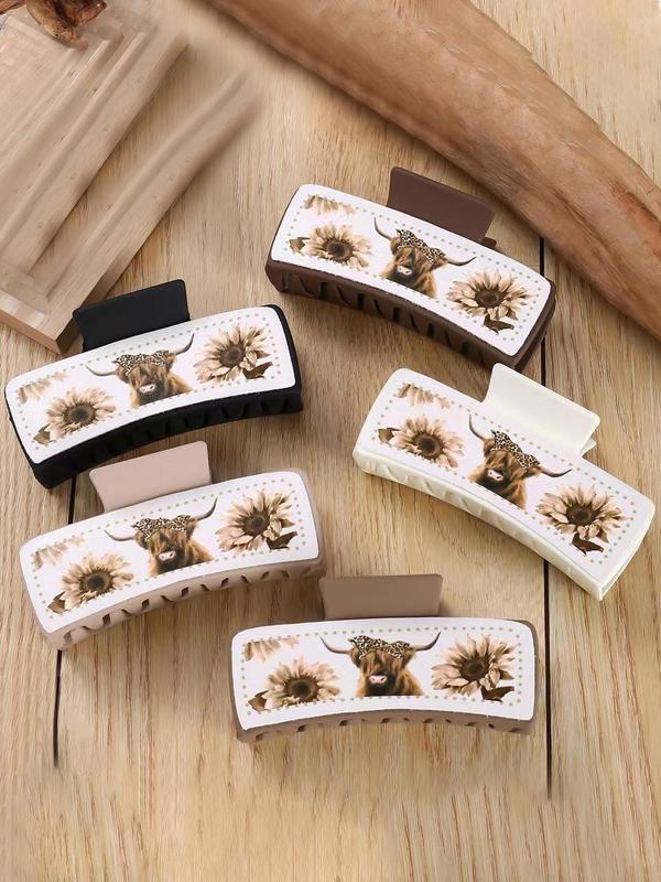 Western Cowboy Style Hair Claws, Sunflower & Bull Head Pattern Hair Claws, Fashion Hair Accessories for Women & Girls