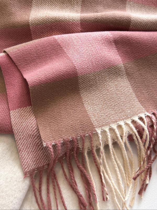 Fashionable Plaid Pattern Tassel Decor Scarf, Casual Soft Warm Shawl for Fall & Winter, Fashion Accessories for Women & Men