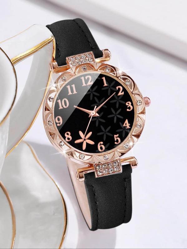 Women's Elegant Fashion Rhinestone Decorated Round Dial Quartz Watch, with Flower Design Bracelet Set, without Box, Exquisite Watch Set for Women & Girls