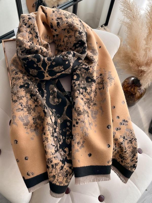 Women's Leopard Print Fringe Trim Shawl, Casual Soft Warm Long Scarf for Fall & Winter, Fashion Clothes Accessories for Women & Girls