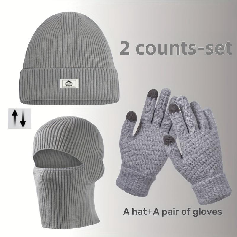 Men's Two-Ways-Of -Wearing Beanie Hat & Gloves Set, 1 Count Windproof Hat & 1 Pair Of Gloves, Outdoor Sports Hat & Gloves for Fall & Winter.