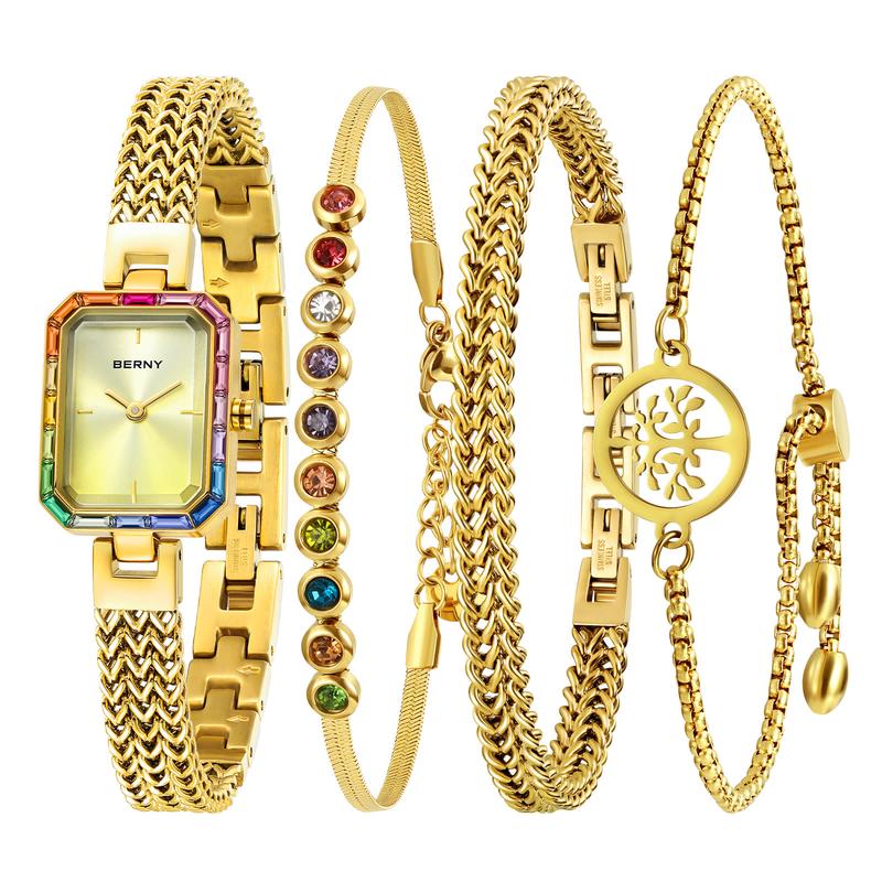 BERNY Gold Watch Women Vintage Dainty Quartz Bracelet Watch Ladies High Quality Wristwatch and Bracelet Sets Fashion Luxury Gift Ideas for Her