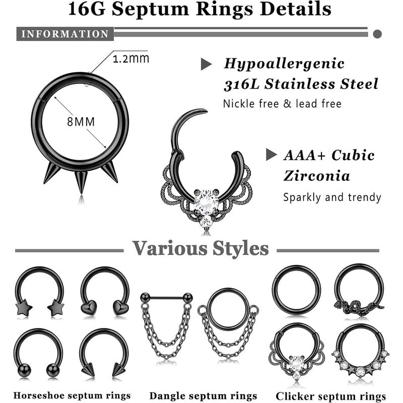 Fansilver 16 count 16G Septum Rings for Women Men Septum Jewelry Horseshoe Clicker Dangle Nose Rings Hoops Surgical Steel Helix Cartilage Hoop Earrings Tragus Daith Septum Nose Piercing Jewelry 8MM