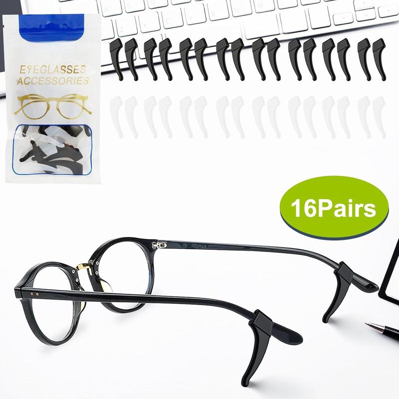 16Pairs Anti-Slip Eyeglass Ear Grips Hook, Comfortable  Elastic Eyeglasses Temple Tips Sleeve Holder-For Eyeglasses Sunglasses Spectacles Glasses Reading (8 Black & 8 Clear)