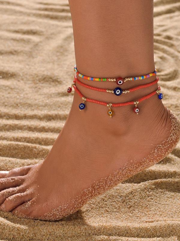 Women's Cute 2024 New Style Beaded & Eye Design Anklet, Boho Style Multilayer Foot Jewelry for Beach Party Vacation, Fashion Accessories for Women & Girls