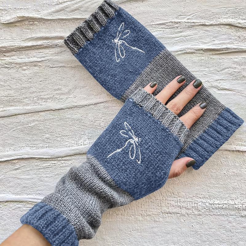 Elastic Knit Mittens for Women with Dragonfly Embroidery - Touchscreen-Compatible, Warm Fingerless Gloves for Going Out, Machine Washable