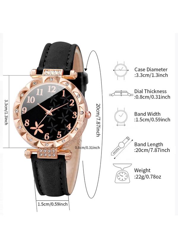 Women's Elegant Fashion Rhinestone Decorated Round Dial Quartz Watch, with Flower Design Bracelet Set, without Box, Exquisite Watch Set for Women & Girls