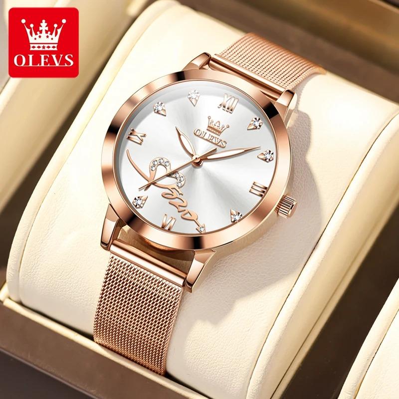 OLEVS Red Love Women's Watches Luxury Elegant Stainless Steel Mesh Belt Waterproof Quartz Wrist watch for Ladies Christmas Gift