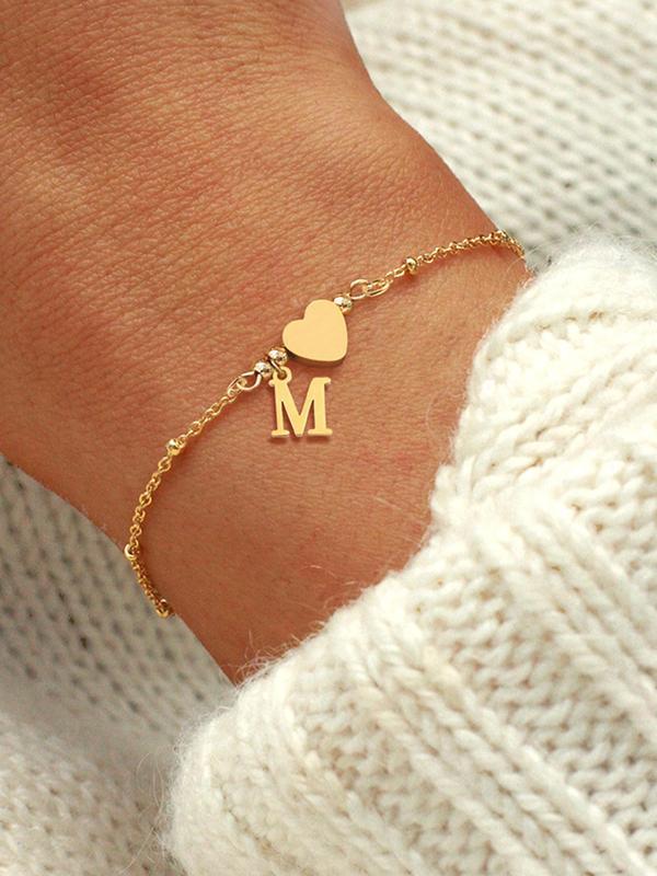 Fashion Letter & Heart Decor Link Bracelet, Stainless Steel Matching Bracelet Jewelry for Women for Party, Daily Clothing Decor, Classic Fashion Accessories for Daily Wear