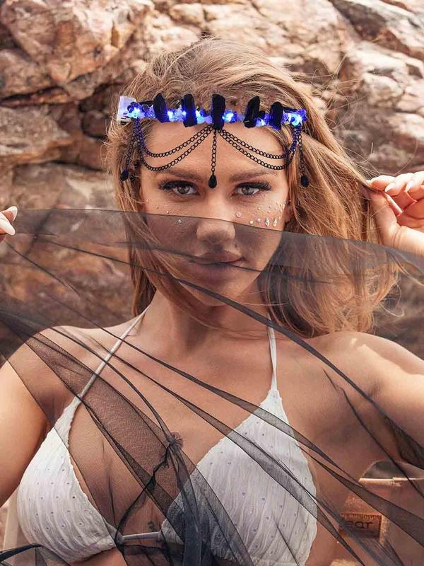 Light Up Raw Quartz Headband Black Crystal Crown Headpiece Costune Hair Accessories for Women