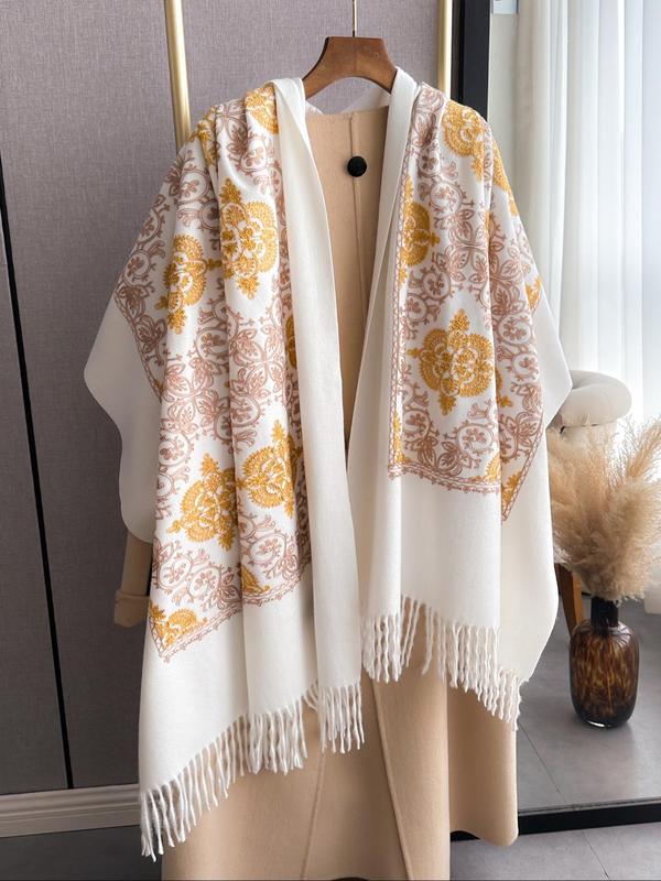 Women's Ethnic Pattern Tassel Decor Shawl, Casual Soft Warm Pashmina for Fall & Winter, Fashion Accessories for Daily Wear