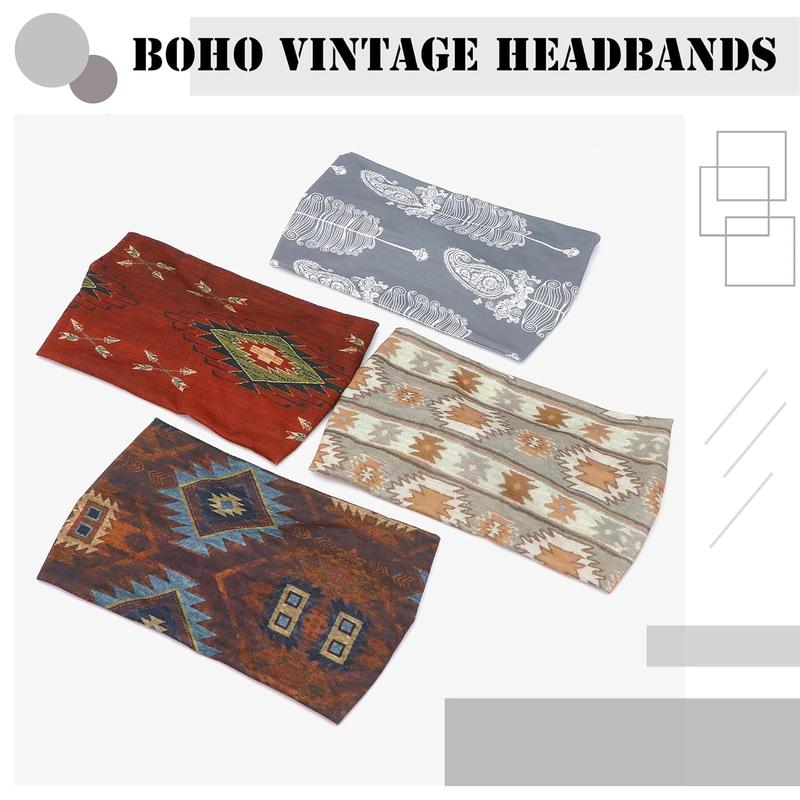 Boho Headbands for Women Vintage Elastic Fabric Printed Hair Bands Workout Wide Knot Sweatbands Soft Cotton Headwraps Yoga Running Hair Accessories for Women Girls 4 count