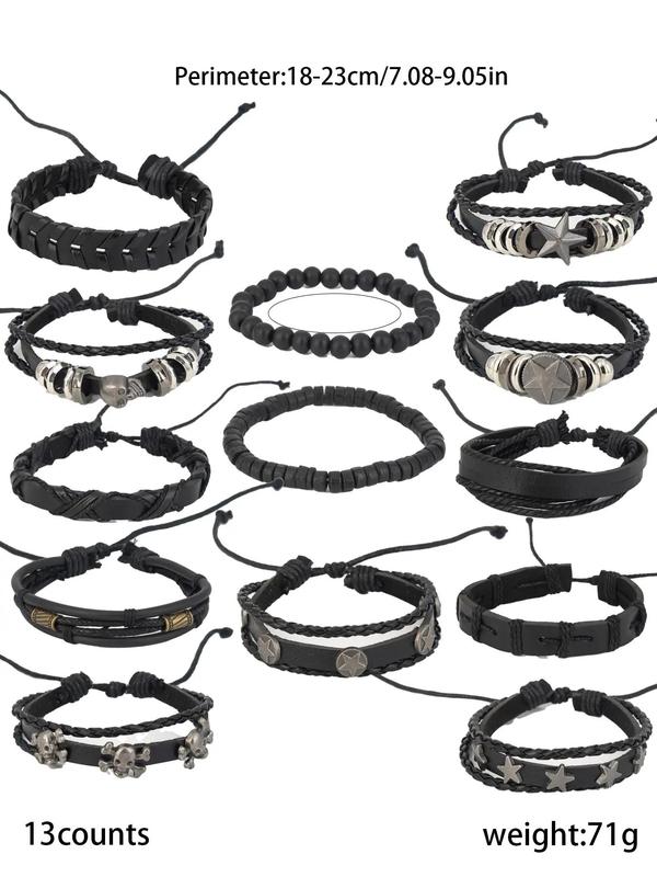 Punk Style Layered Bracelets, 13pcs set Fashion Beaded Bracelets & Drawstring Bracelets for Men & Women, Trendy All-match & Exquisite Vintage Matching Bracelet for Birthday Gift for Back To School