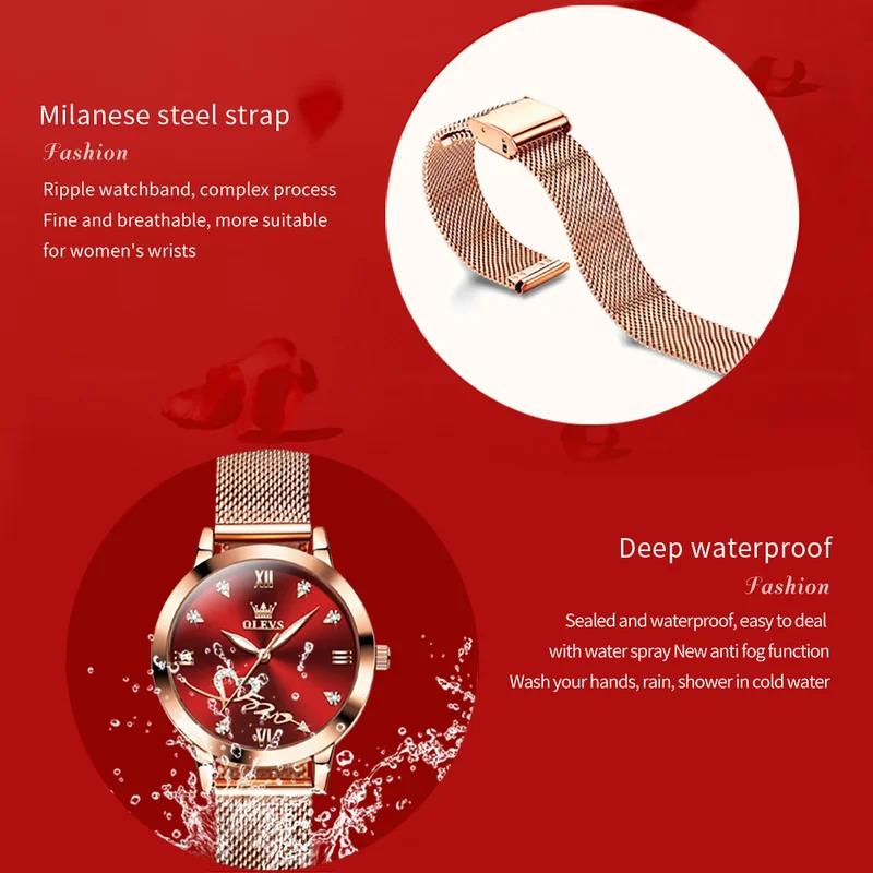 OLEVS Red Love Women's Watches Luxury Elegant Stainless Steel Mesh Belt Waterproof Quartz Wrist watch for Ladies Christmas Gift