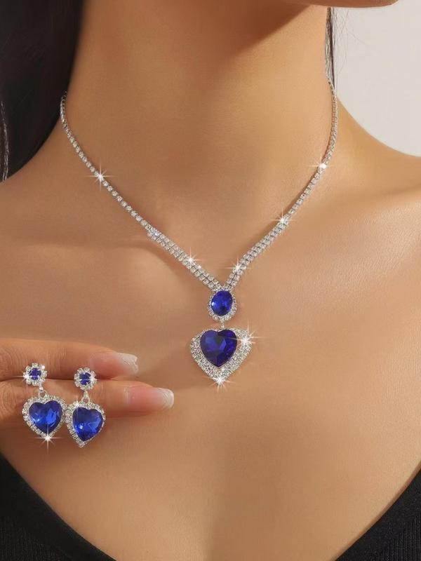 Women's Elegant Rhinestone Decorated Heart Shaped Pendant Necklace & Dangle Earrings, Exquisite Trendy Jewelry Set, Fashionable Accessories for Party & Daily Clothing Decor