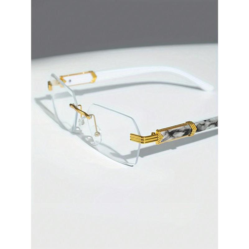 Modern Frameless Clear Lens Glasses - Gold Tones And Marble Patterned Temples - Fashionable Unisex Eyewear For Daily Use Or Computer