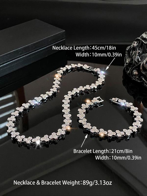 Rhinestone Geometric Decorated Cuban Chain Necklace & Bracelet, Fashion Jewelry for Party, Daily Clothing Decor, Trendy All-match & Exquisite Jewelry for Birthday Gift